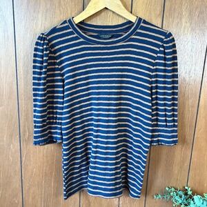 Lucky Brand Navy Tan Stripe Puff Sleeve Ribbed Crew Neck T Shirt Top M